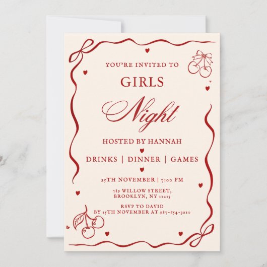 Modern Red Girls Night Dinner Party  招待状 (正面)