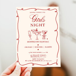 Modern Red Girls Night Dinner Party  Invitation 招待状