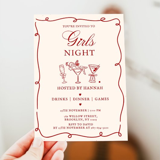 Modern Red Girls Night Dinner Party  Invitation 招待状