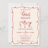 Modern Red Girls Night Dinner Party  Invitation 招待状 (正面)