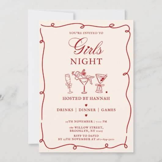 Modern Red Girls Night Dinner Party  Invitation 招待状 (正面)