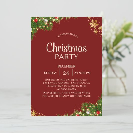 Modern Red & Gold Christmas Party Invite 招待状 (スタンド正面)