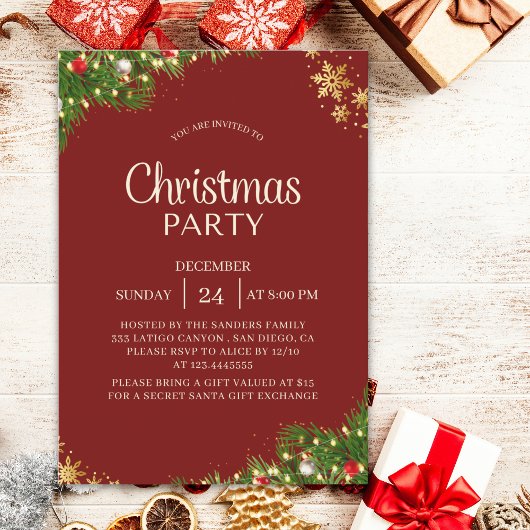 Modern Red & Gold Christmas Party Invite 招待状