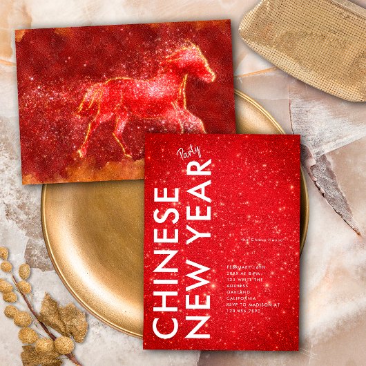 Modern Red Gold Glitter Horse 2026 Lunar New Year 招待状