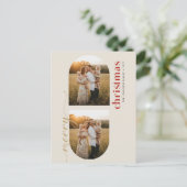 Modern Red & Gold Script Family Photo Christmas シーズンポストカード (スタンド正面)