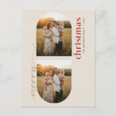 Modern Red & Gold Script Family Photo Christmas シーズンポストカード (正面)