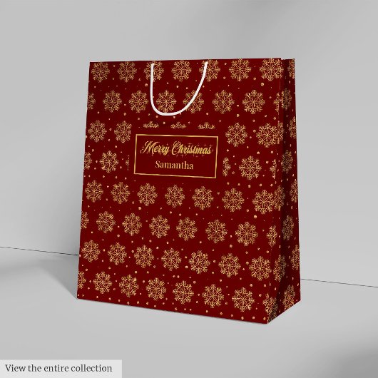 Modern Red Gold Snowflakes Christmas Gift Bag ミディアムペーパーバッグ