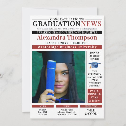 Modern Red GraduaTe Newspaper Front Page College 招待状 (正面)