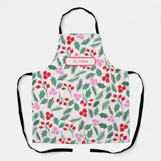 Modern Red & Green Christmas Floral Pattern エプロン (正面)