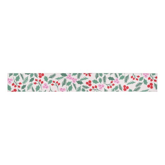 Modern Red & Green Christmas Floral Pattern グログランリボン (正面)