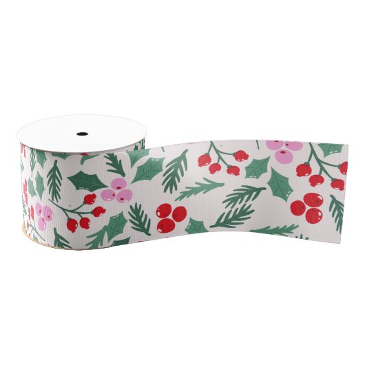 Modern Red & Green Christmas Floral Pattern グログランリボン (リール)