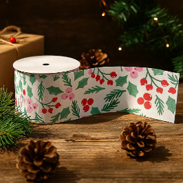 Modern Red & Green Christmas Floral Pattern グログランリボン
