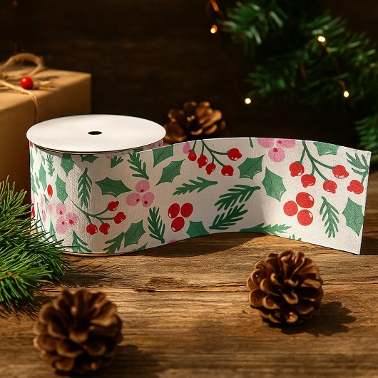 Modern Red & Green Christmas Floral Pattern グログランリボン