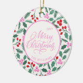 Modern Red & Green Christmas Floral Pattern セラミックオーナメント (左)