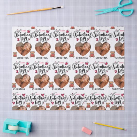 Modern Red Happy Valentines Day one Heart Photo 薄葉紙 (クラフト)