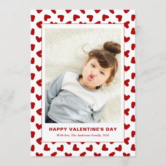 Modern Red Hearts Pattern One Photo Valentines Day シーズンカード (正面)
