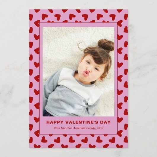 Modern Red Hearts Pattern One Photo Valentines Day シーズンカード (正面)