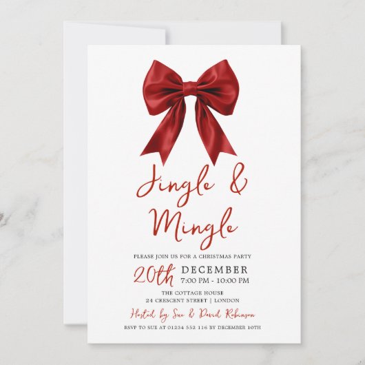 Modern Red Jingle Mingle Christmas Party Glam Bow  招待状 (正面)