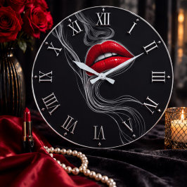 Modern Red Lips Minimalist Black & White Wall Art ラージ壁時計