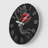 Modern Red Lips Minimalist Black & White Wall Art ラージ壁時計 (傾斜)