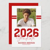 Modern Red Masculine Photo Graduation 案内状 (正面/裏面)