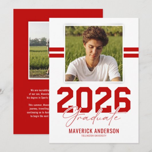Modern Red Masculine Photo Graduation 案内状 (正面/裏面)