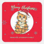 Modern red merry cat snowflake Christmas kitten スクエアシール (正面)