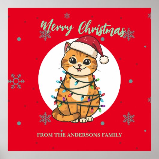 Modern red merry cat snowflake Christmas kitten ポスター (正面)
