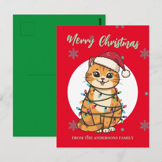 Modern red merry cat snowflake Christmas kitten ポストカード (正面/裏面)