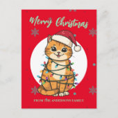 Modern red merry cat snowflake Christmas kitten ポストカード (正面)