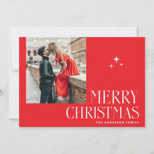 Modern Red Merry Christmas Greeting. Elegant Photo シーズンカード (正面)