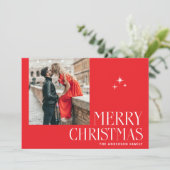 Modern Red Merry Christmas Greeting. Elegant Photo シーズンカード (スタンド正面)