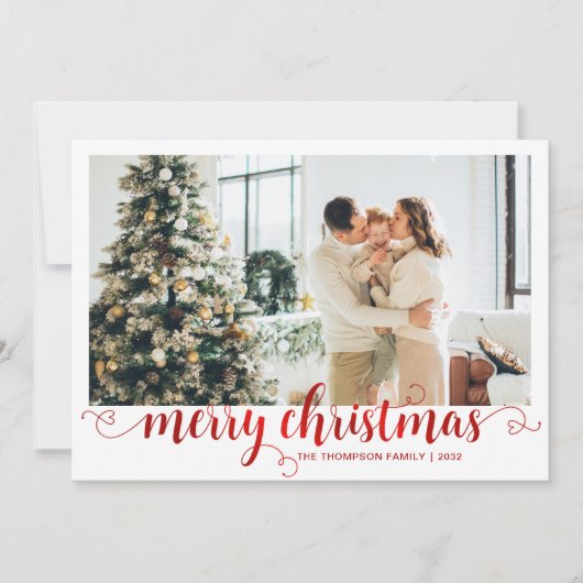 Modern Red Merry Christmas Heart Script Photo シーズンカード (正面)