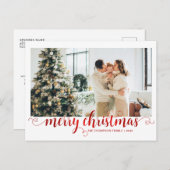 Modern Red Merry Christmas Heart Script Photo シーズンポストカード (正面/裏面)