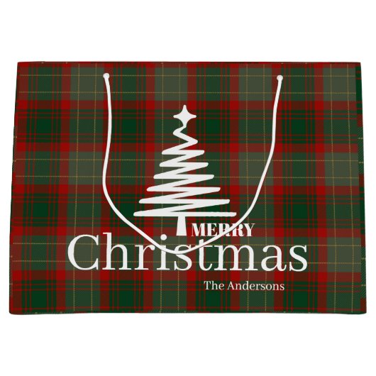 Modern Red Merry Christmas tree script tartan red ラージペーパーバッグ (正面)