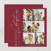 Modern Red Multi Photo Merry Christmas Script シーズンカード (正面/裏面)