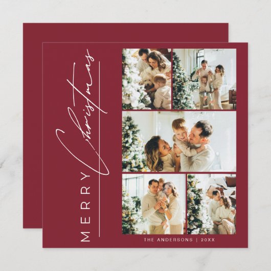 Modern Red Multi Photo Merry Christmas Script シーズンカード (正面/裏面)
