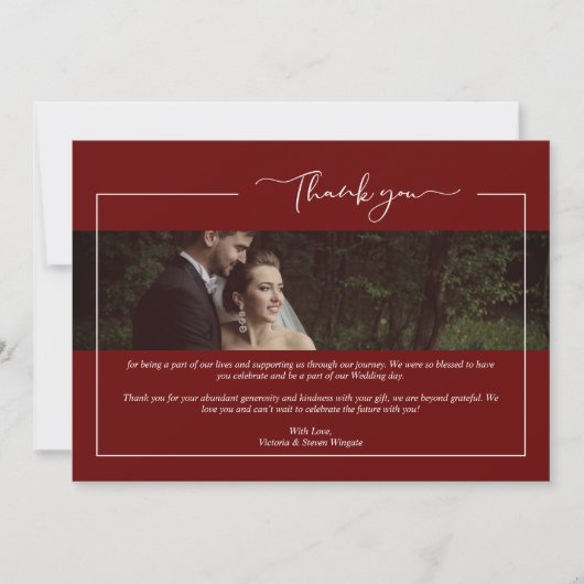 Modern Red Newlyweds Wimshical Calligraphy サンキューカード (正面)