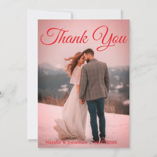 Modern Red  Photo Wedding Thank You Card W Note 招待状 (正面)