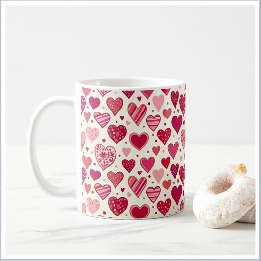 Modern Red & Pink Hearts Pattern コーヒーマグカップ