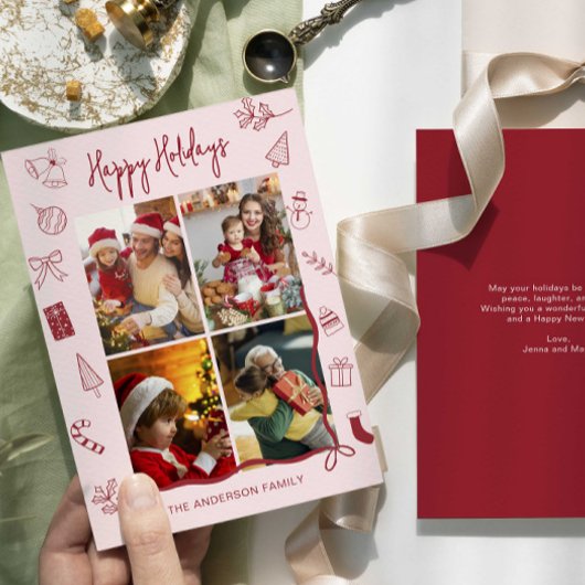 Modern Red Pink Holiday Family Collage シーズンカード
