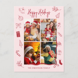 Modern Red Pink Holiday Family Collage シーズンポストカード