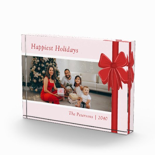 Modern Red & Pink Ribbon Bow Wrap Christmas フォトブロック (右)