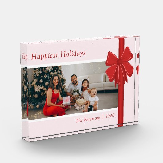 Modern Red & Pink Ribbon Bow Wrap Christmas フォトブロック (左)