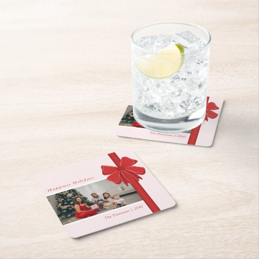 Modern Red & Pink Ribbon Bow Wrap Photo Christmas スクエアペーパーコースター (インサイチュ)
