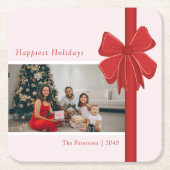 Modern Red & Pink Ribbon Bow Wrap Photo Christmas スクエアペーパーコースター (正面)
