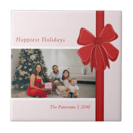 Modern Red & Pink Ribbon Bow Wrap Photo Christmas タイル