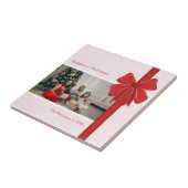 Modern Red & Pink Ribbon Bow Wrap Photo Christmas タイル (側面)