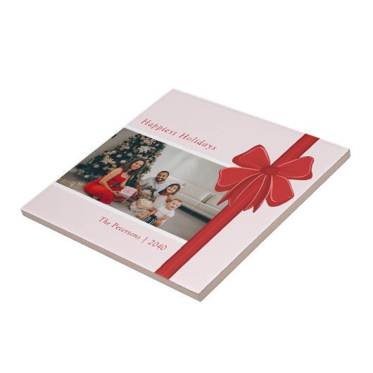 Modern Red & Pink Ribbon Bow Wrap Photo Christmas タイル (側面)