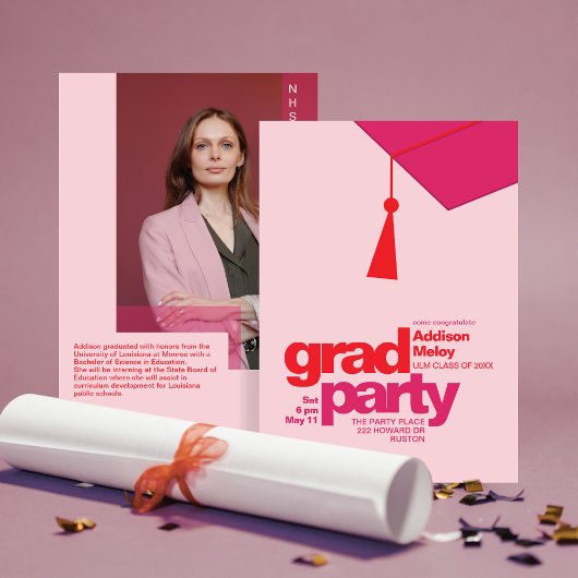 Modern Red & Pink Typography Grad Party Photo 招待状